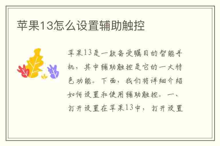 苹果13怎么设置辅助触控(苹果13怎么设置辅助触控支付)